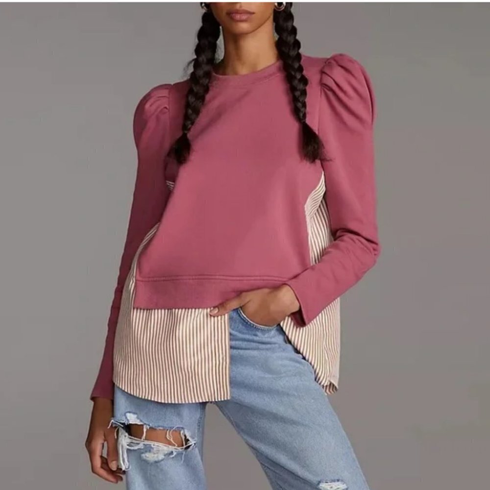 Anthropologie Maeve Layered Tunic Puff Sleeve Crew Neck Sweatshirt Pullover Top